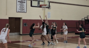 Bay Shore Girls Varsity Basketball team in a game against Ward Melville.